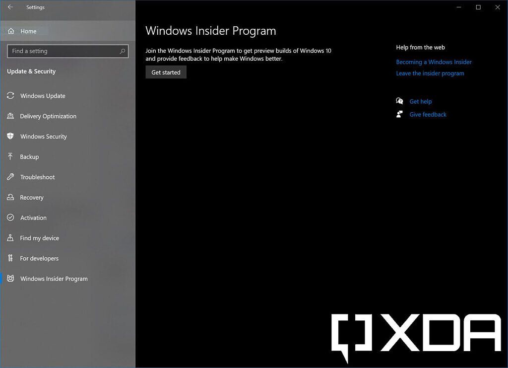 Windows Insider Program settings page