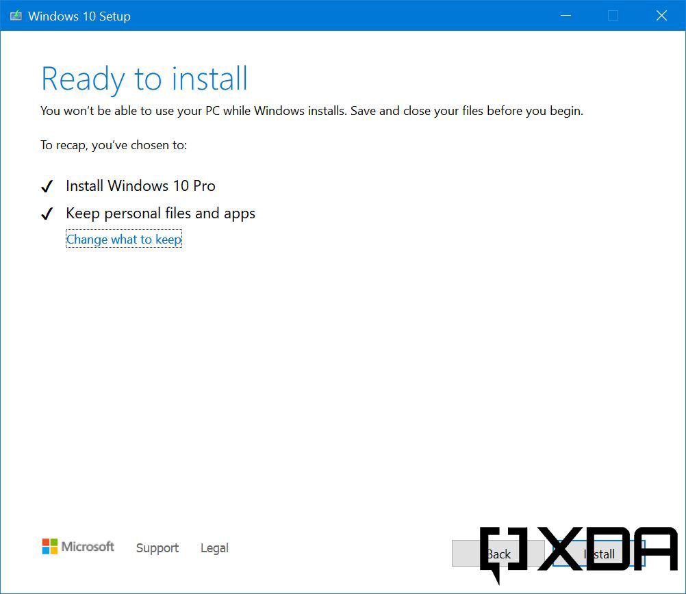 Dialog for choosing what to keep when installing Windows 10
