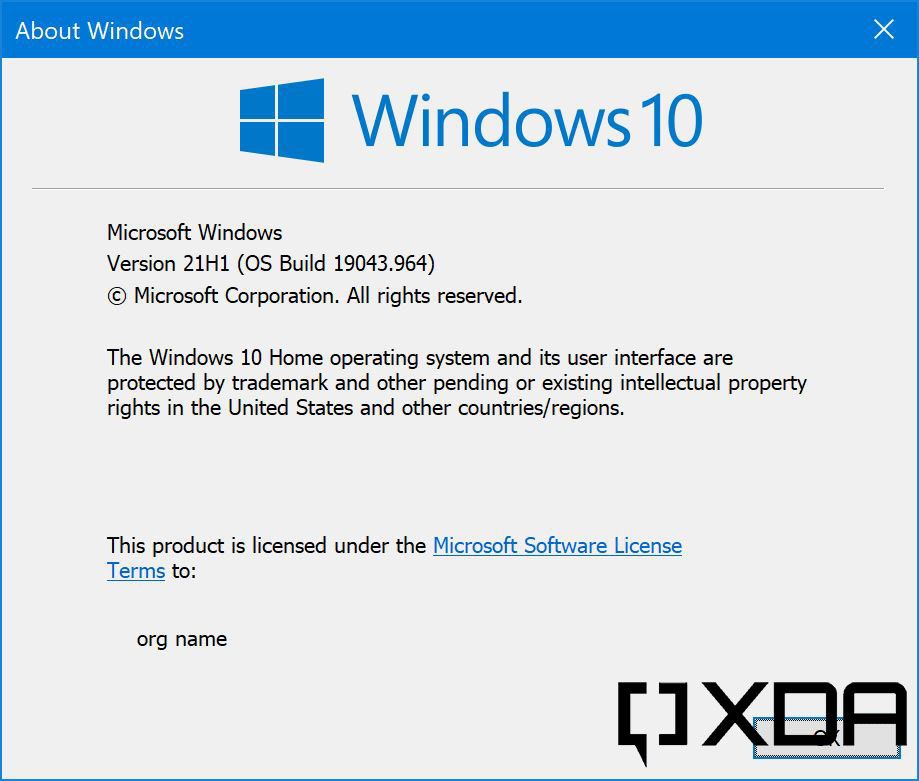 Winver screen showing Windows 10 version and build number