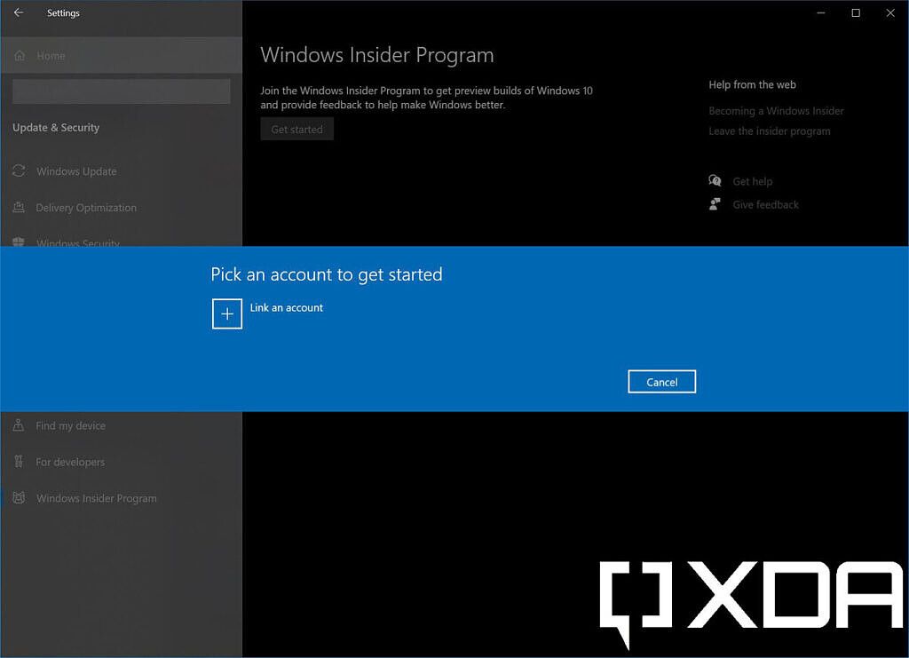 Option to link an account for Windows Insider Program