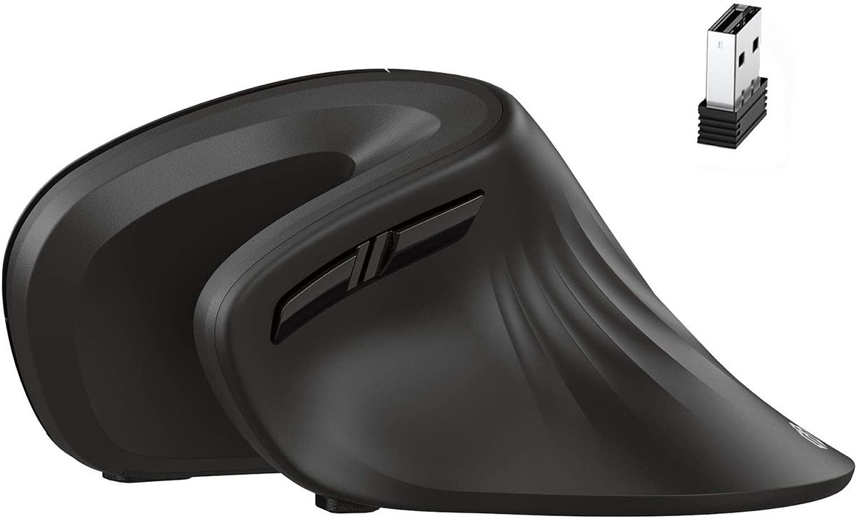 iClever has another exciting option. This vertical mouse features a more dramatic curve that contours to the hand at a more shallow angle. At under $25, with whisper quiet keys, this mouse is great for home or work.
