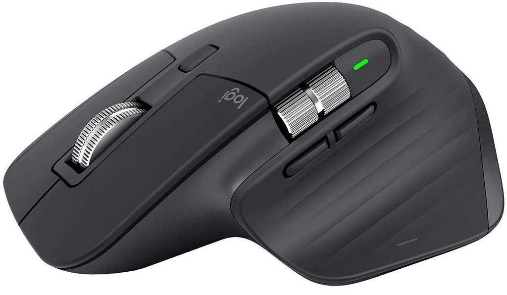 This image shows the Logitech MX Master 3 in black, from the side