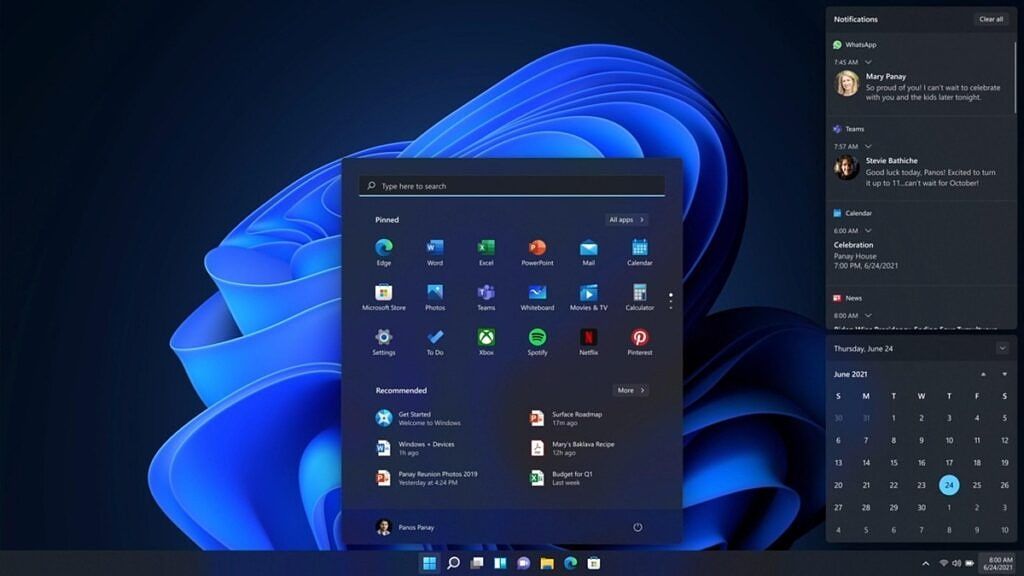 Windows 11 screenshot showing Start Menu and notification center