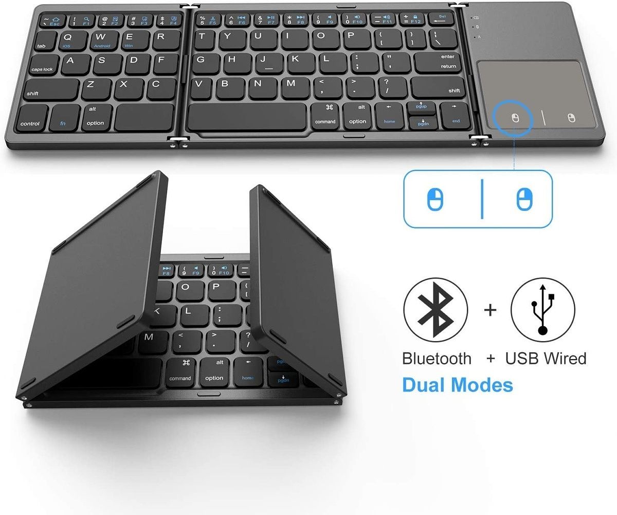 Folding keyboards are a thing, and they're pretty awesome. If you travel constantly for work, you may want to check out Jelly Comb's folding keyboard. In addition to wired and wireless connection modes, you also get a built-in touchpad mouse as an added bonus.