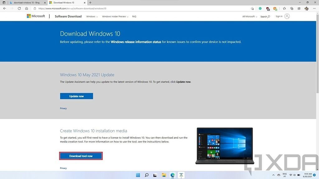 Downloading the Media Creation Tool from Microsoft's website