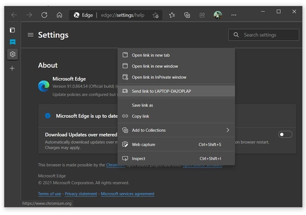 Pop window showing tab sharing option in MIcrosoft Edge browser