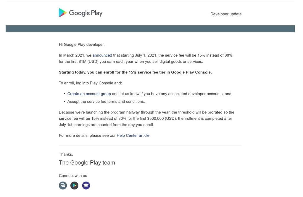 Email sent to developers for reduced Play Store fee program