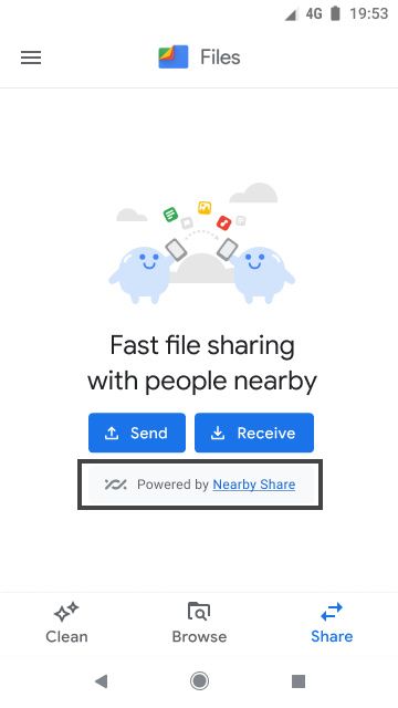 File transfers in Files by Google powered by Nearby Share