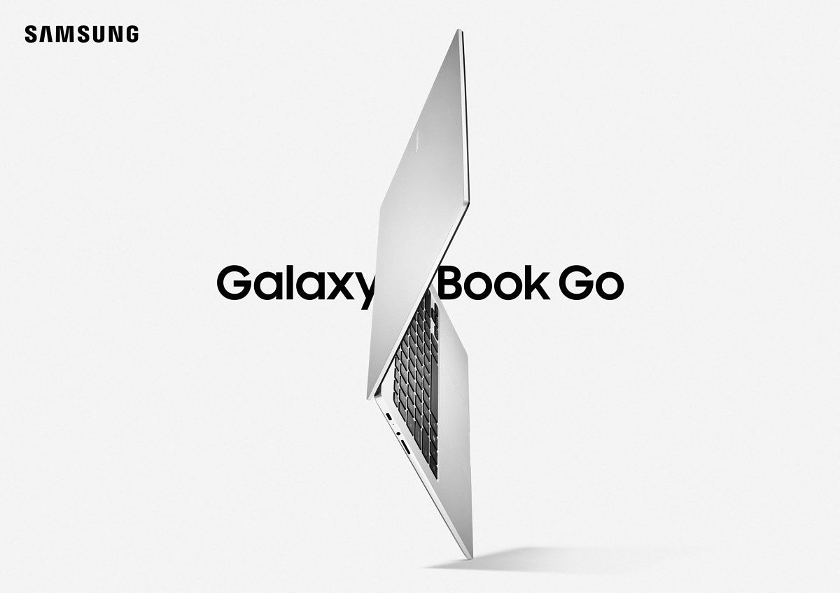 Samsung Galaxy Book Go with text and white background