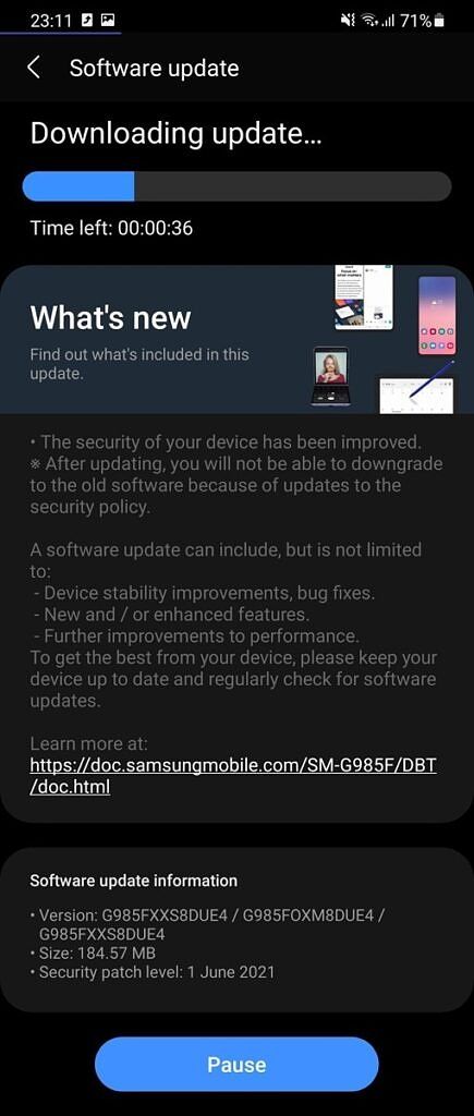 Galaxy S20 downloadin June 2021 security update