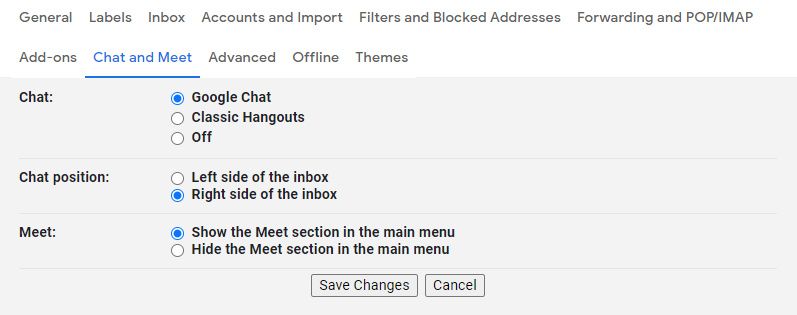 Gmail Chat and Meet settings