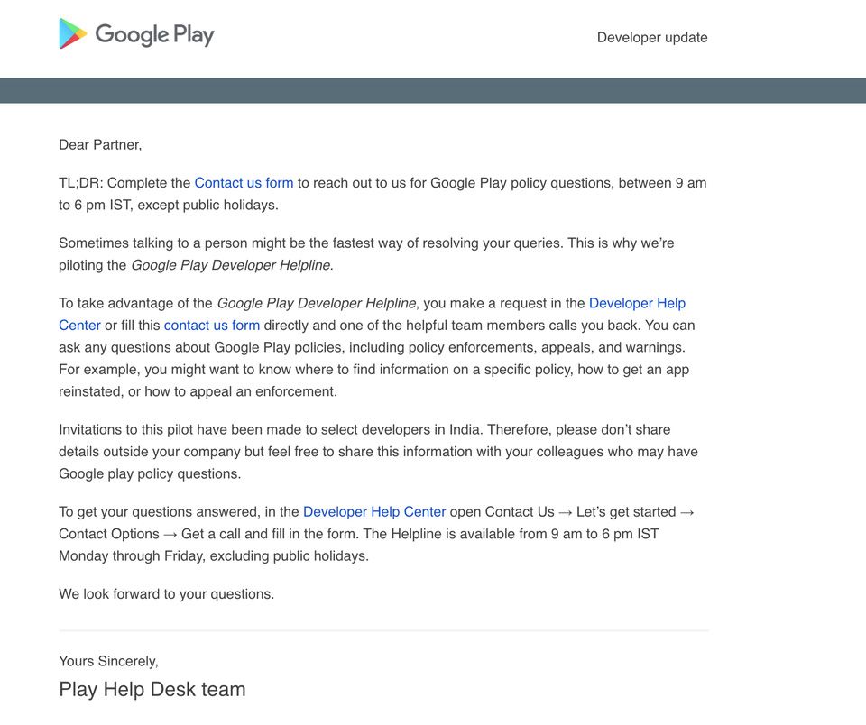 Google Play Developer Helpline invitation