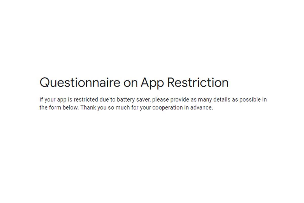 Google feedback form header for developer feedback on app restriction