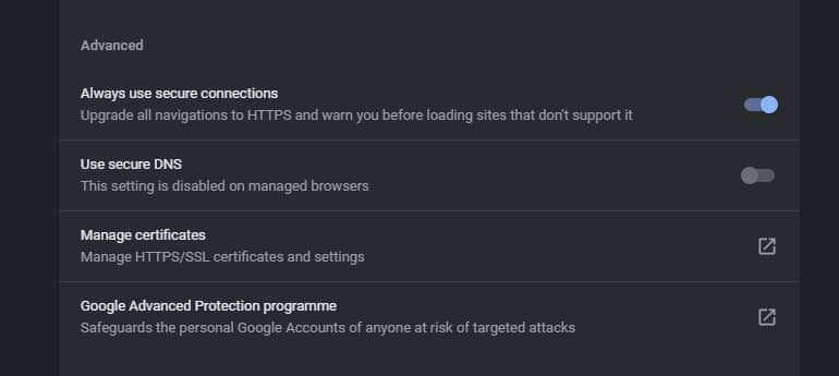 HTTPS-only mode Google Chrome setting