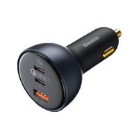 A car charger with two two USB Type C ports and a single USB A port