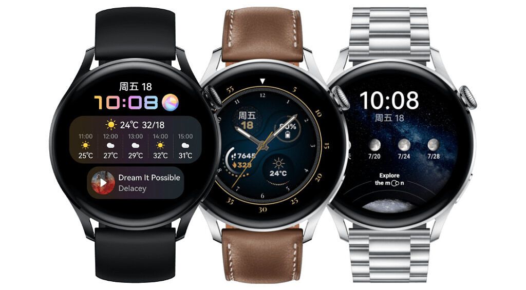 Huawei Watch 3 shown in three variants. From the right: Silicone variant, Leather variant and stainless steel model. 