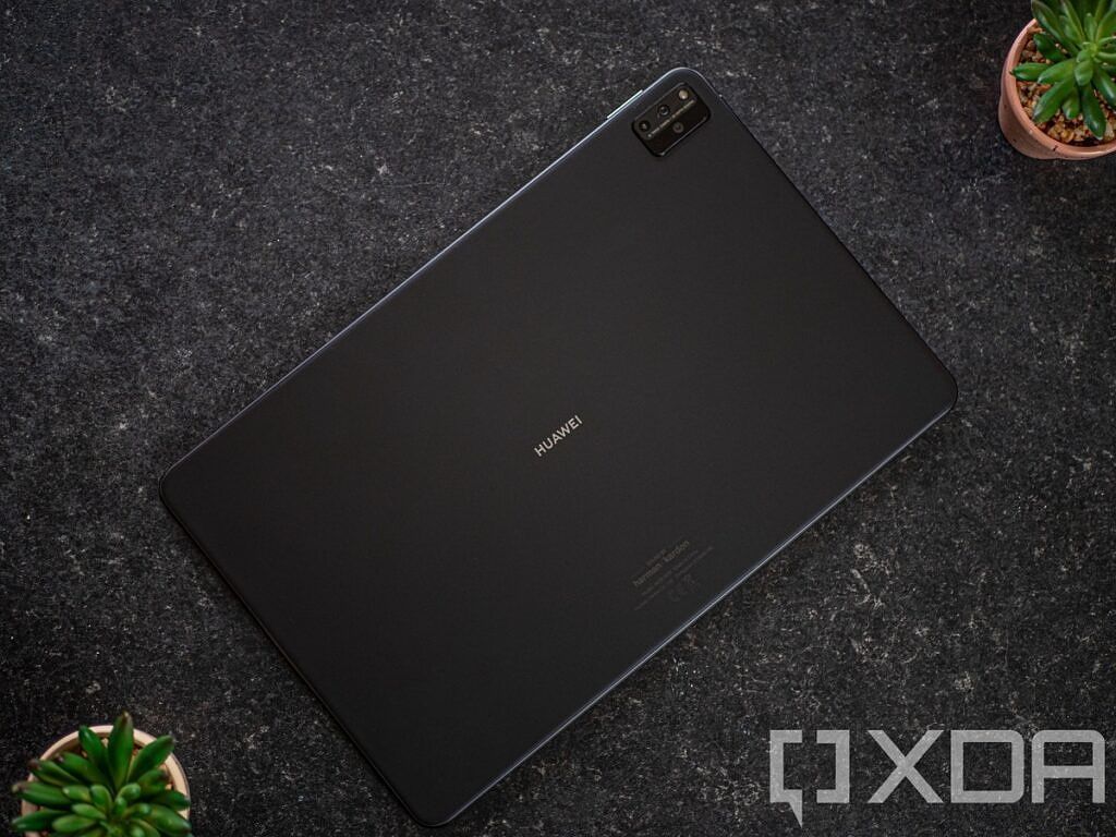 The back of the Huawei MatePad Pro on a marble table