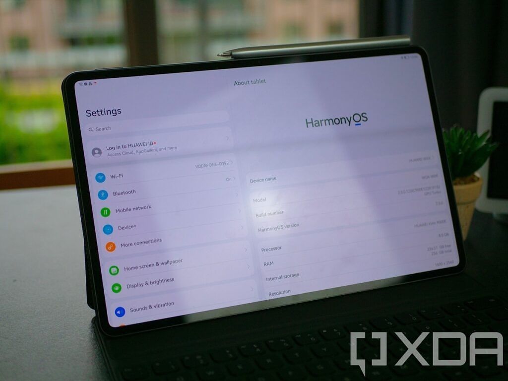 The &quot;about tablet&quot; section in the settings of the Huawei MatePad Pro, showing the HarmonyOS logo.