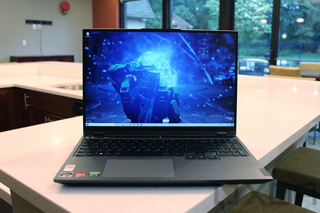 Front view of laptop with Halo Infinite promo image as wallpaper