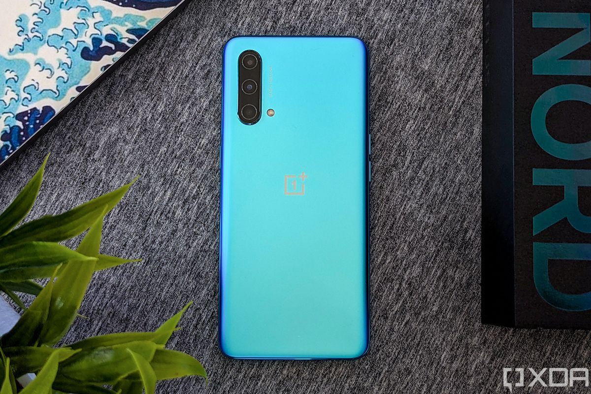 OnePlus Nord CE 5G on gray background with box and plant in the frame