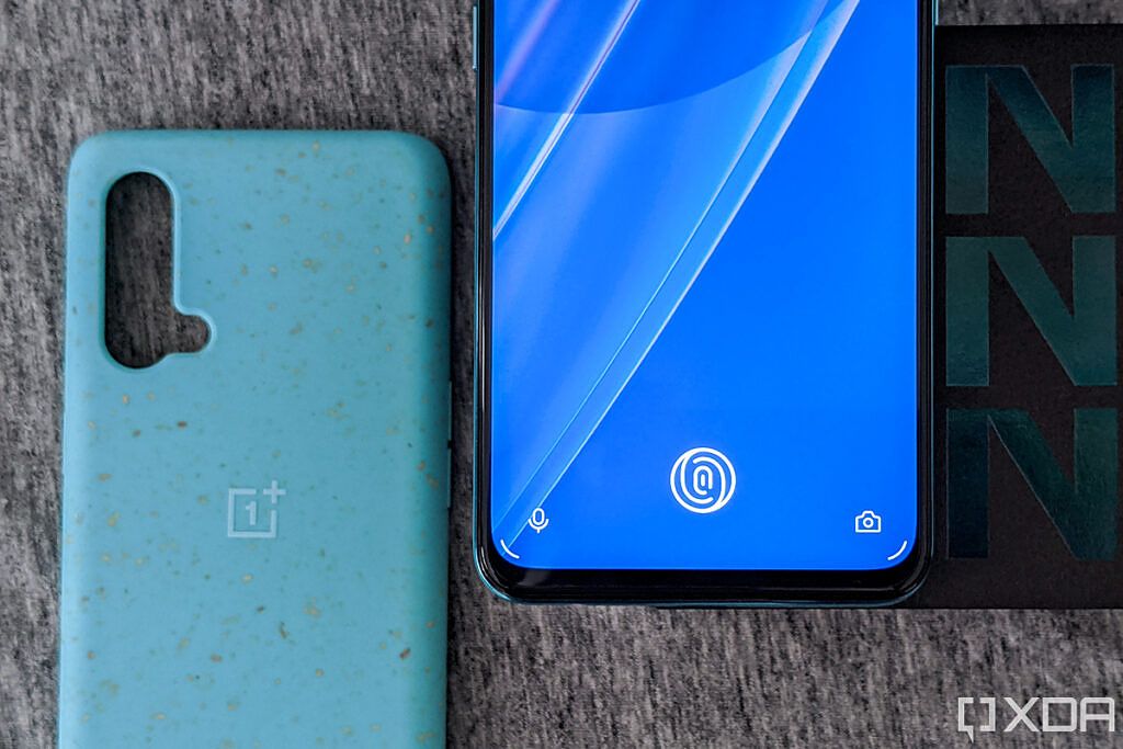 OnePlus Nord CE 5G in-display fingerprint sensor with case in the background