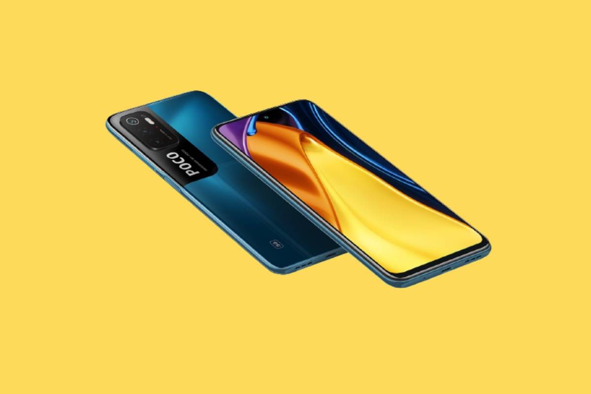 POCO M3 Pro 5G in Cool Blue on a yellow background