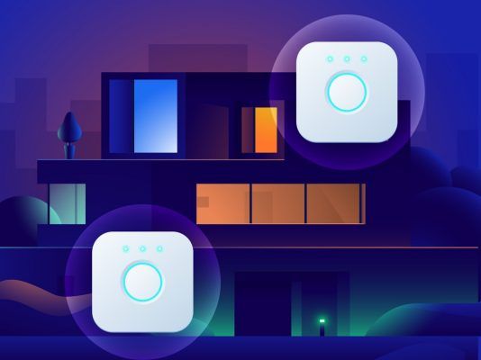 Graphic showing two Philips Hue bridges highlighting the app's new ability to quickly switch between them