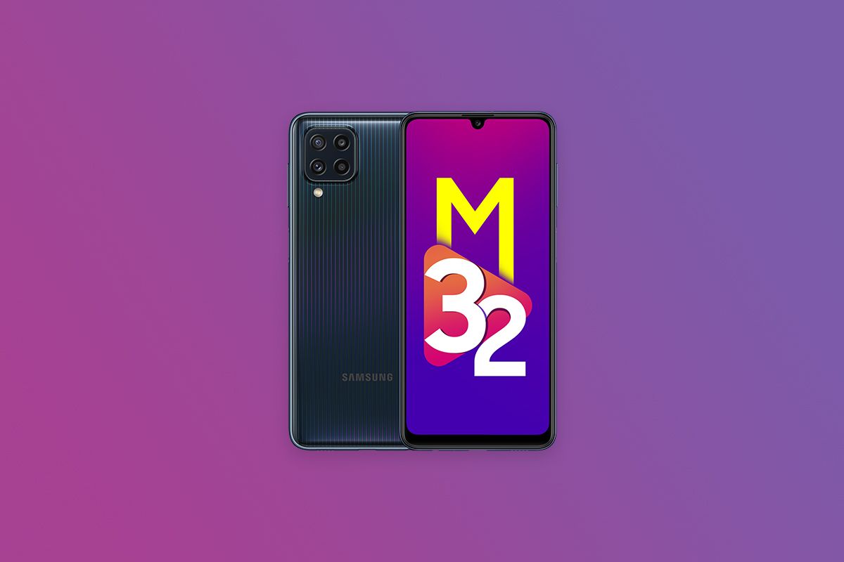 Samsung Galaxy M32 front and back on purple gradient background