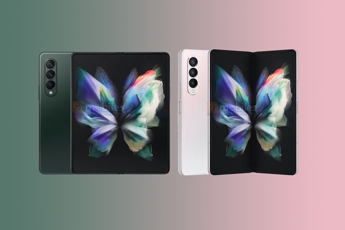 Samsung Galaxy Z Fold 3 leaked renders in pink and green colorway on gradient background