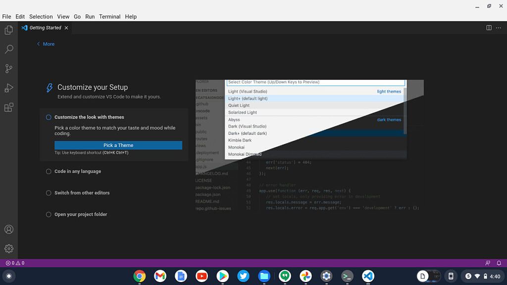 Visual Studio Code running on a Chromebook