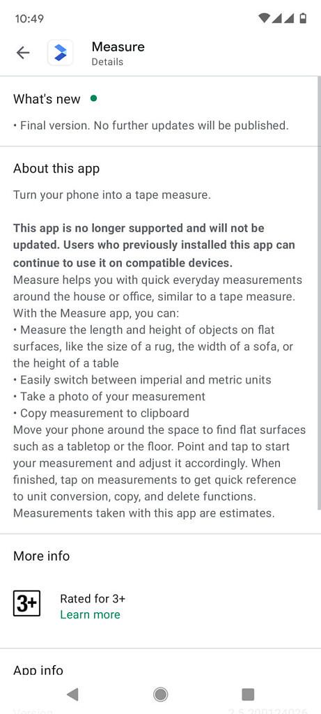App description screen of Google Measure app