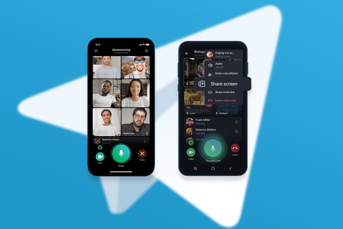 Telegram group video calls and screen sharing screenshots on app logo