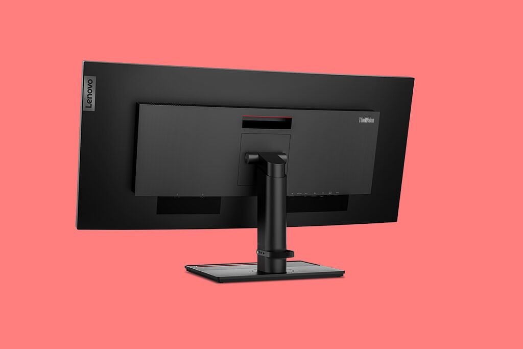 Lenovo ThinkVision P34w-20 with peach background