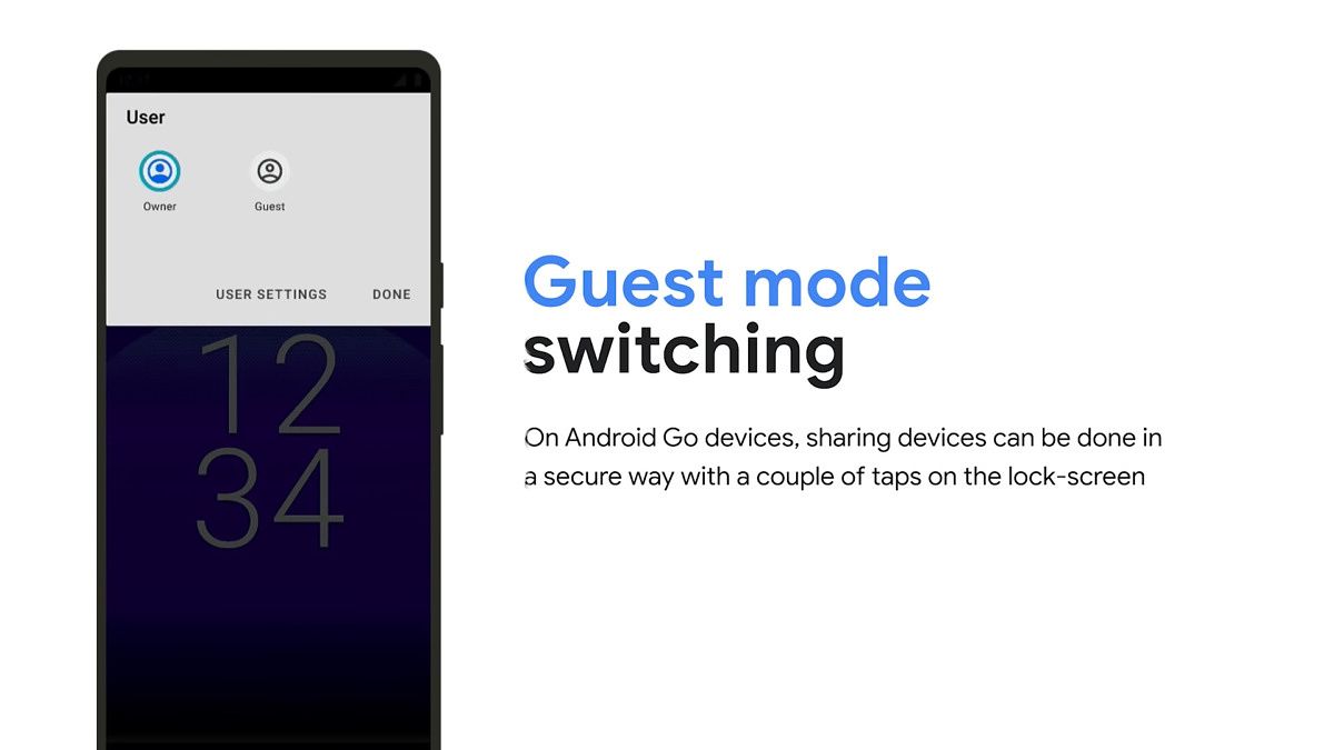 Guest mode pop up menu on the lockscreen of an Android Go smartphone