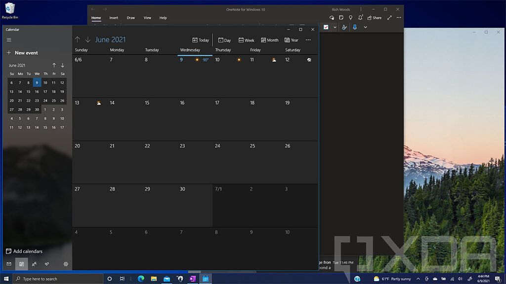 Windows 10 inbox apps open, showing Calendar in front