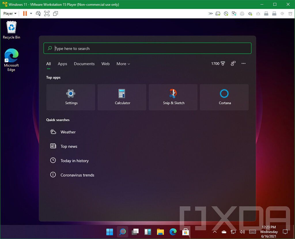 Windows 11 search in dark theme showing categories and top apps