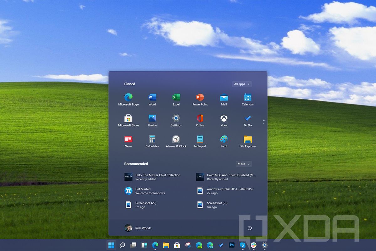 Windows 11 Start Menu with Bliss wallpaper