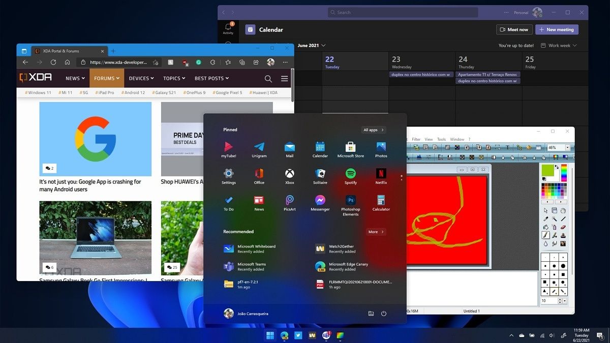 Multiple apps running in Windows 11 with the Start menu open over them