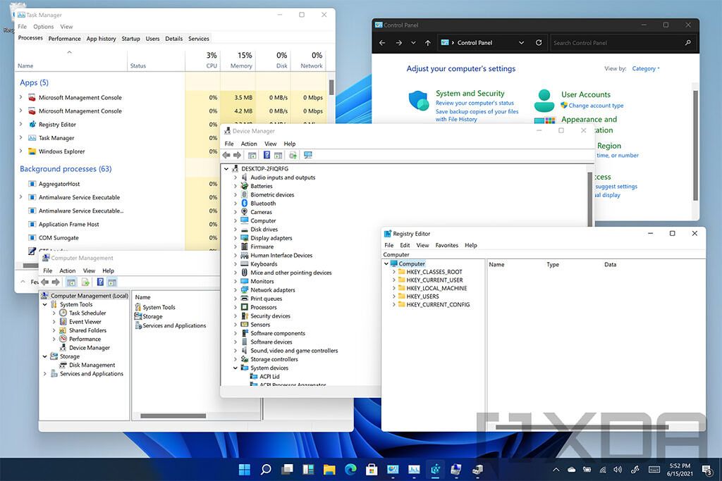 Windows 11 with legacy software like Registry Editor, Control Panel, Device Manager, and more