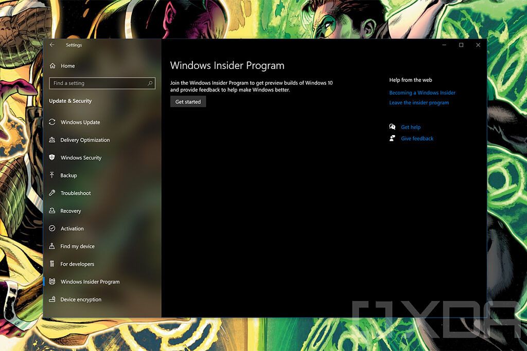 Windows Insider settings page in Windows 10