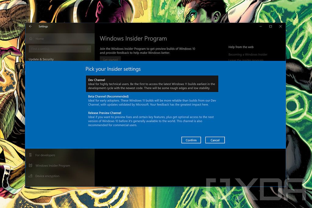 Windows Insider channel settings in Windows 10