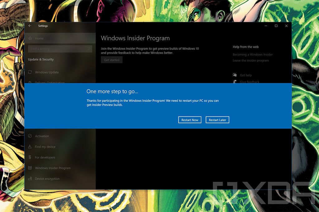 Restart prompt for Windows Insider Program settings
