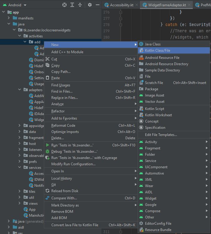 Image showing how to add a new Kotlin file/class in Android Studio