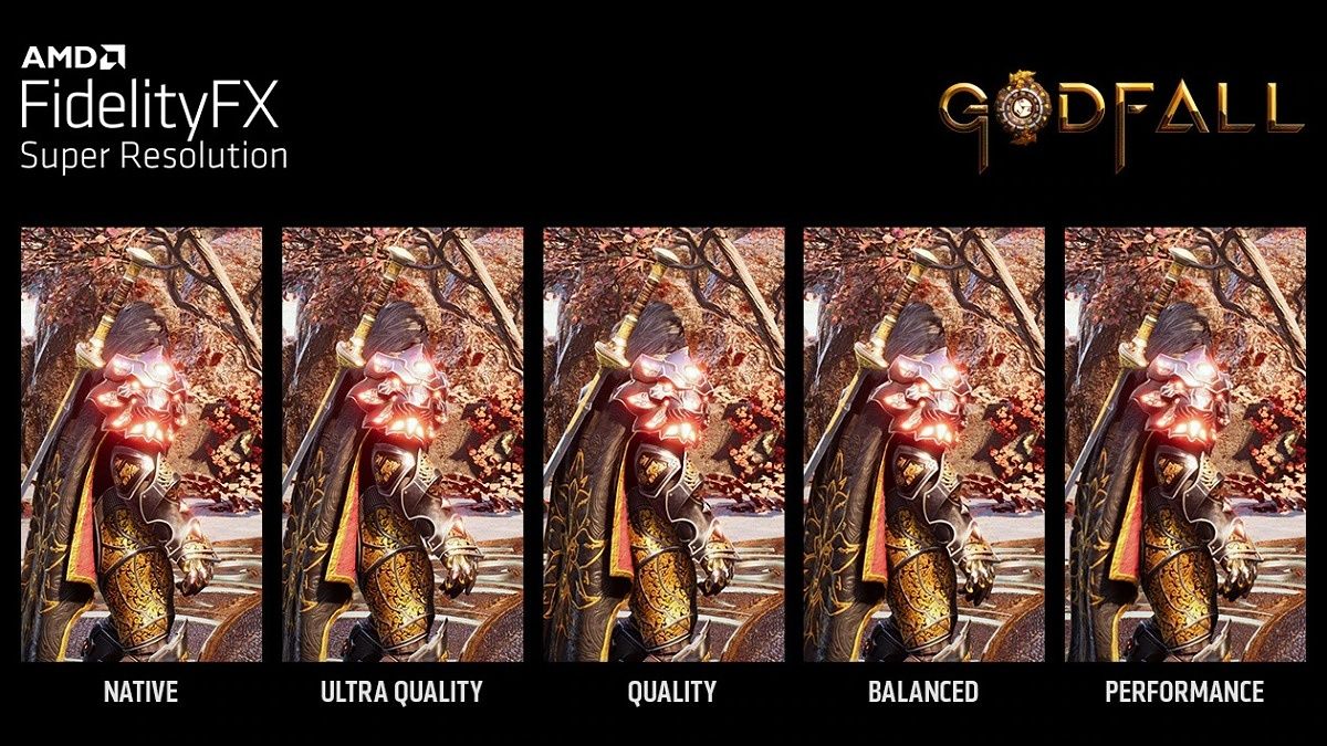 Image quality comparison of Godfall running with different levels of AMD FSR