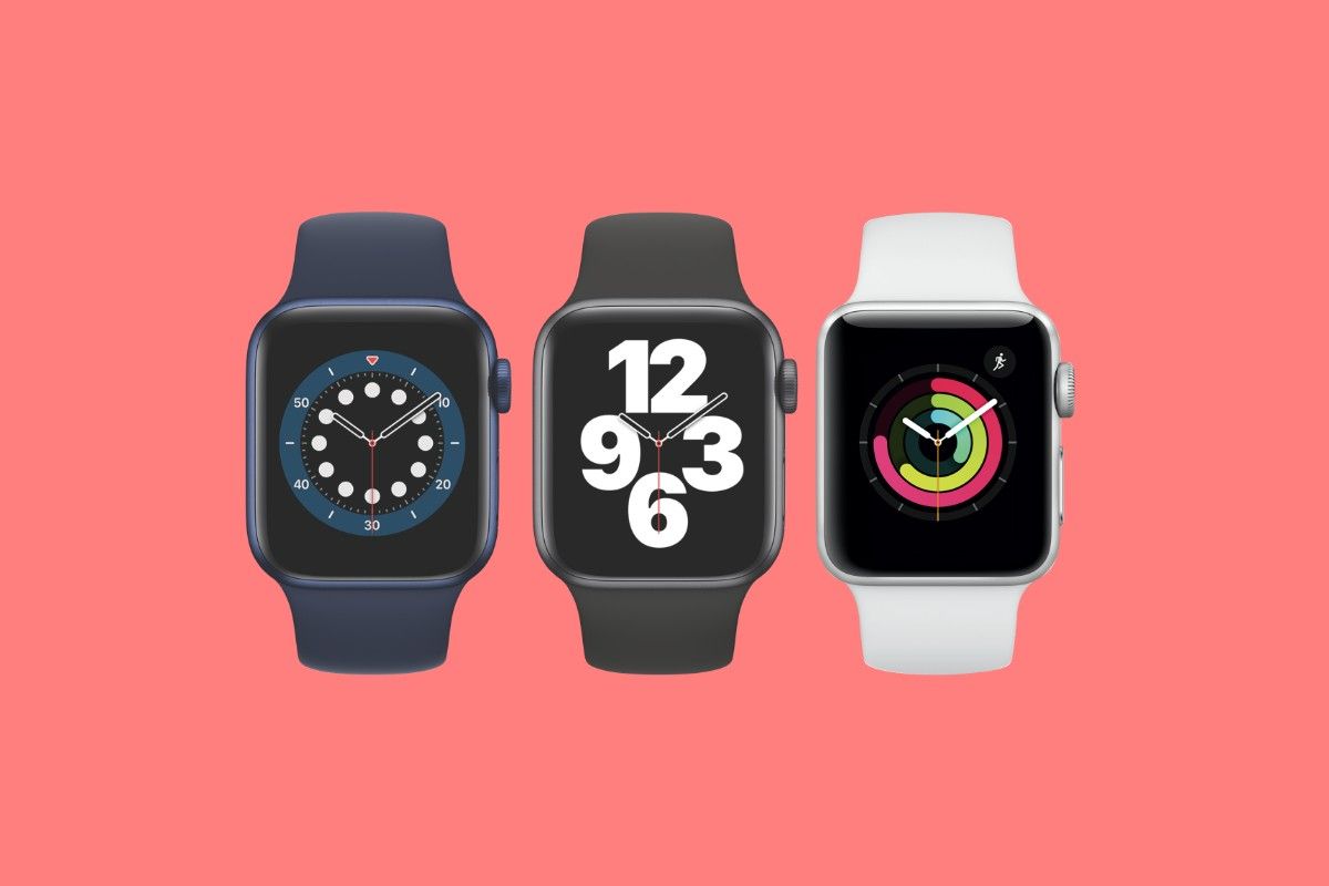 Three Apple Watch variants on pink background
