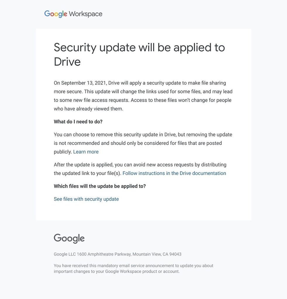 Google Drive security update email