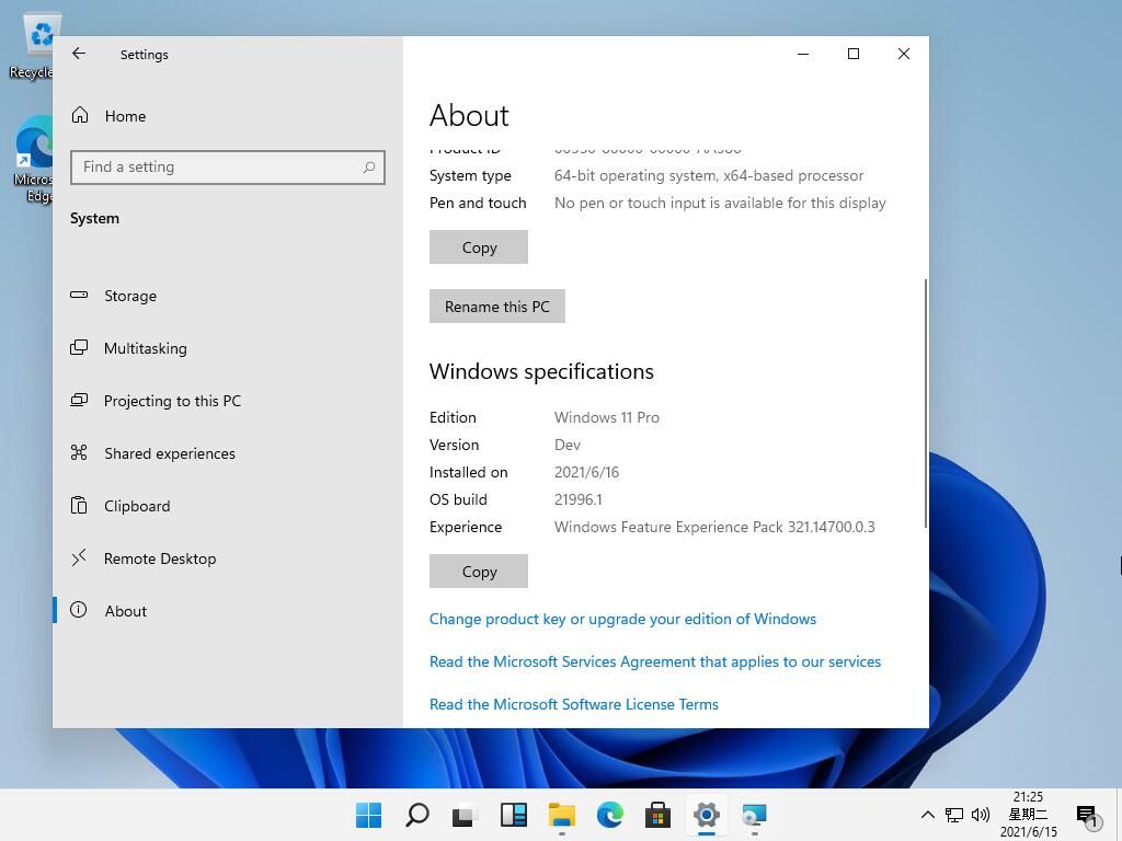Settings app showing Windows 11 Pro