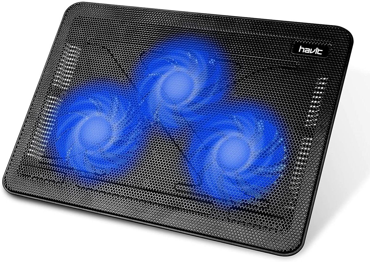 A full mesh cooling pad with three cooling fans, blue LED and additional USB ports for charging and connectivity. It also features foldable feet at the bottom for height adjustment.