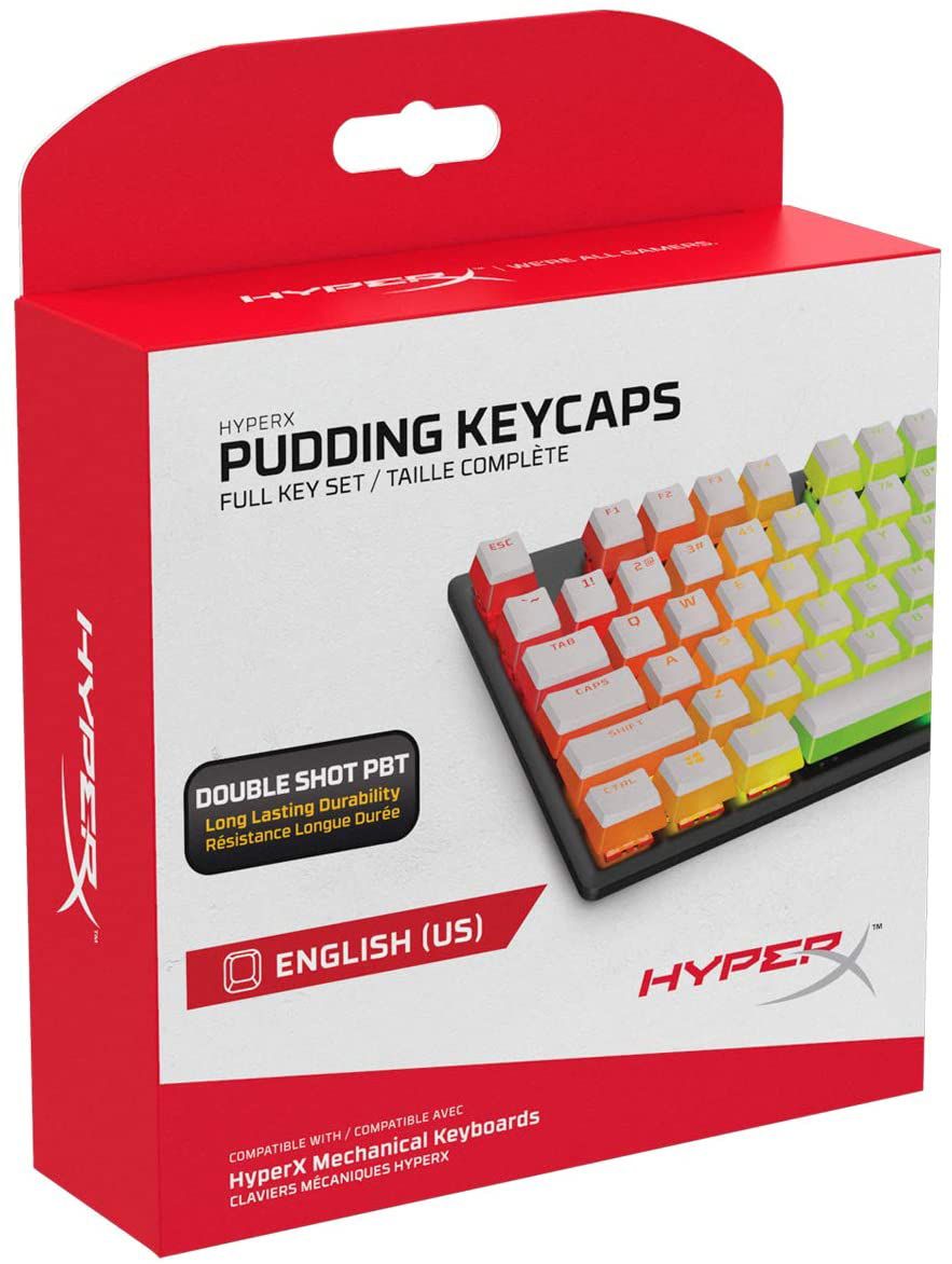 HyperX offers its own set of pudding style double-shot PBT keycaps that have excellent quality and offer a difused RGB lighting experience.