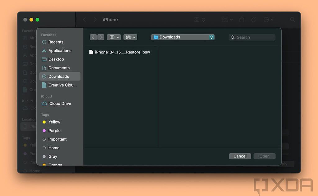 Screenshot of file dialog selecting iOS 15 image